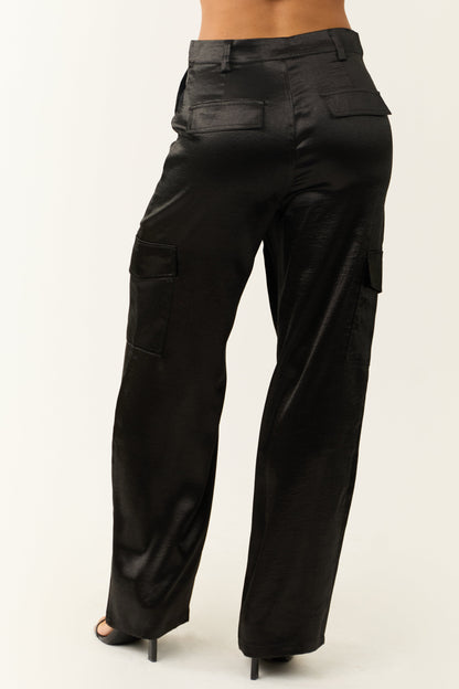 Black Satin Cargo Pants – High Waisted Wide Leg Utility Style Trousers
