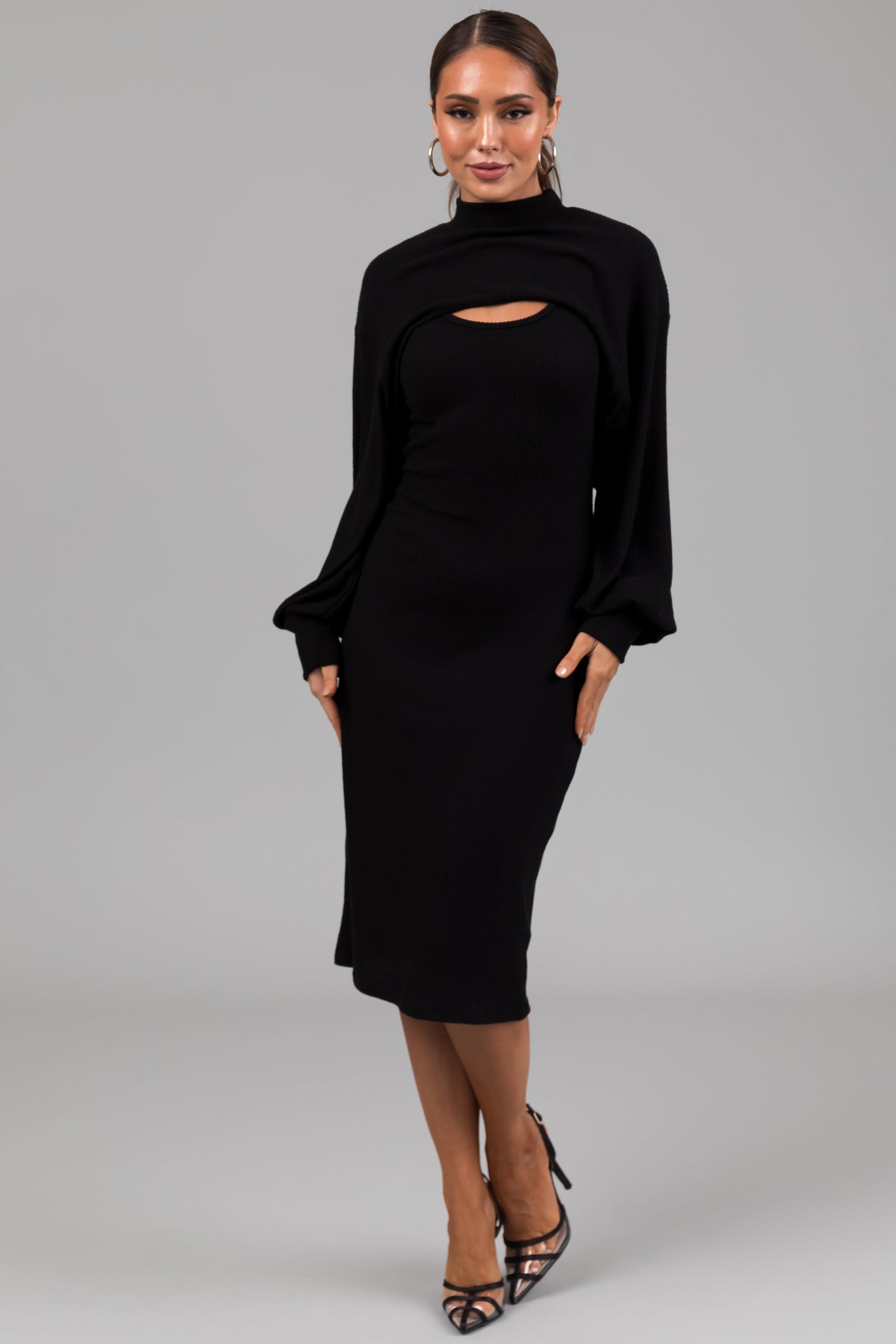 Black Knit Midi Dress with Bolero – Fitted Stretch Two Piece Set