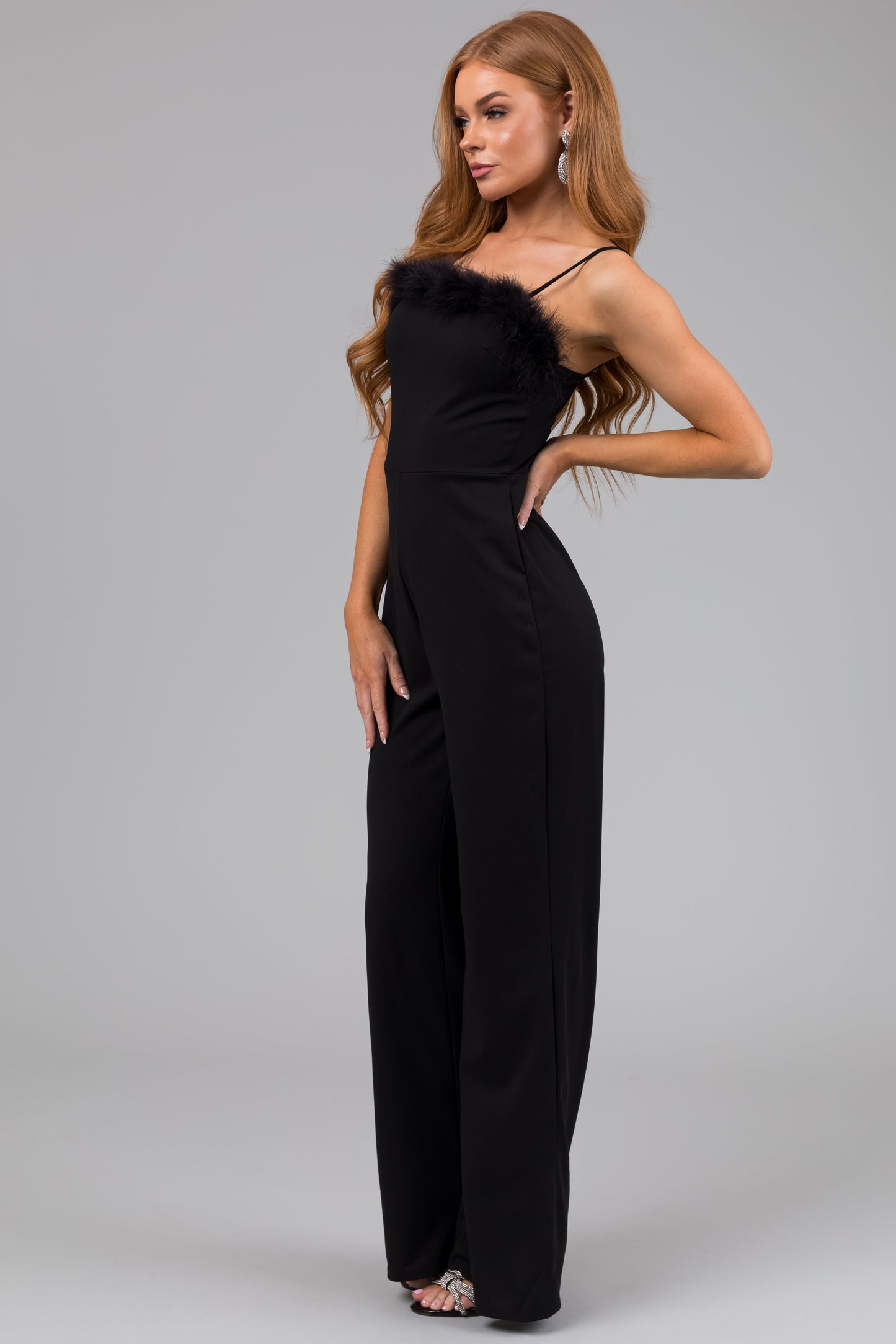 Black Feather Trim Jumpsuit – Sleeveless Wide Leg Stretch Party Outfit