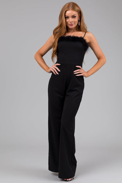 Black Feather Trim Jumpsuit – Sleeveless Wide Leg Stretch Party Outfit