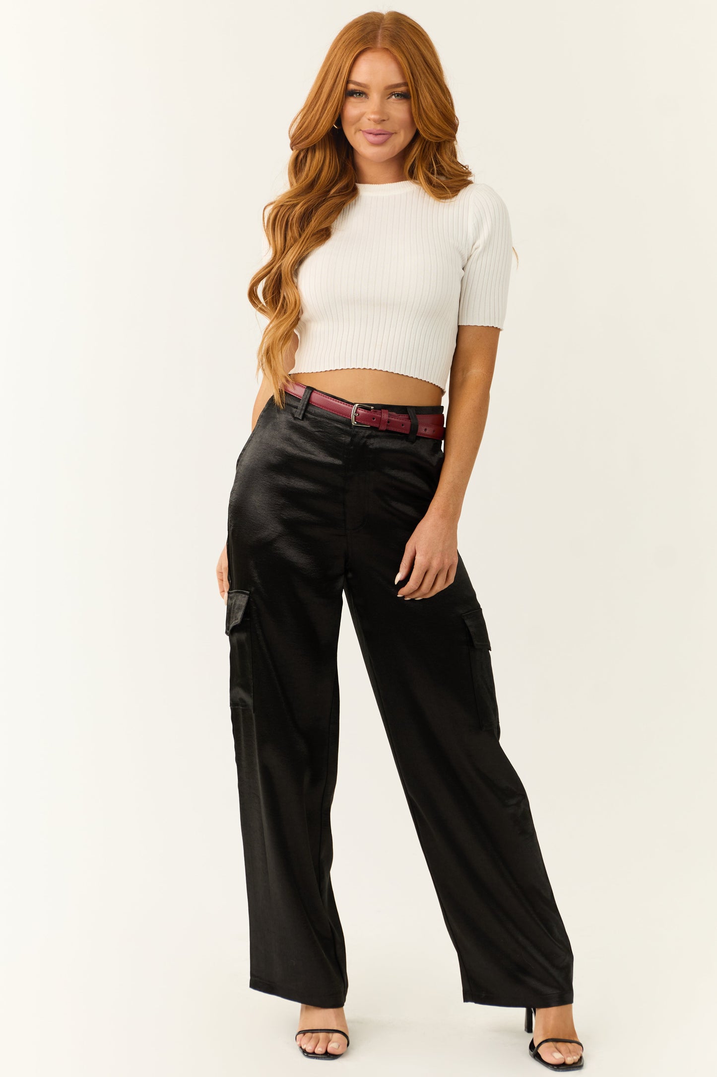 Black Satin Cargo Pants – High Waisted Wide Leg Utility Style Trousers