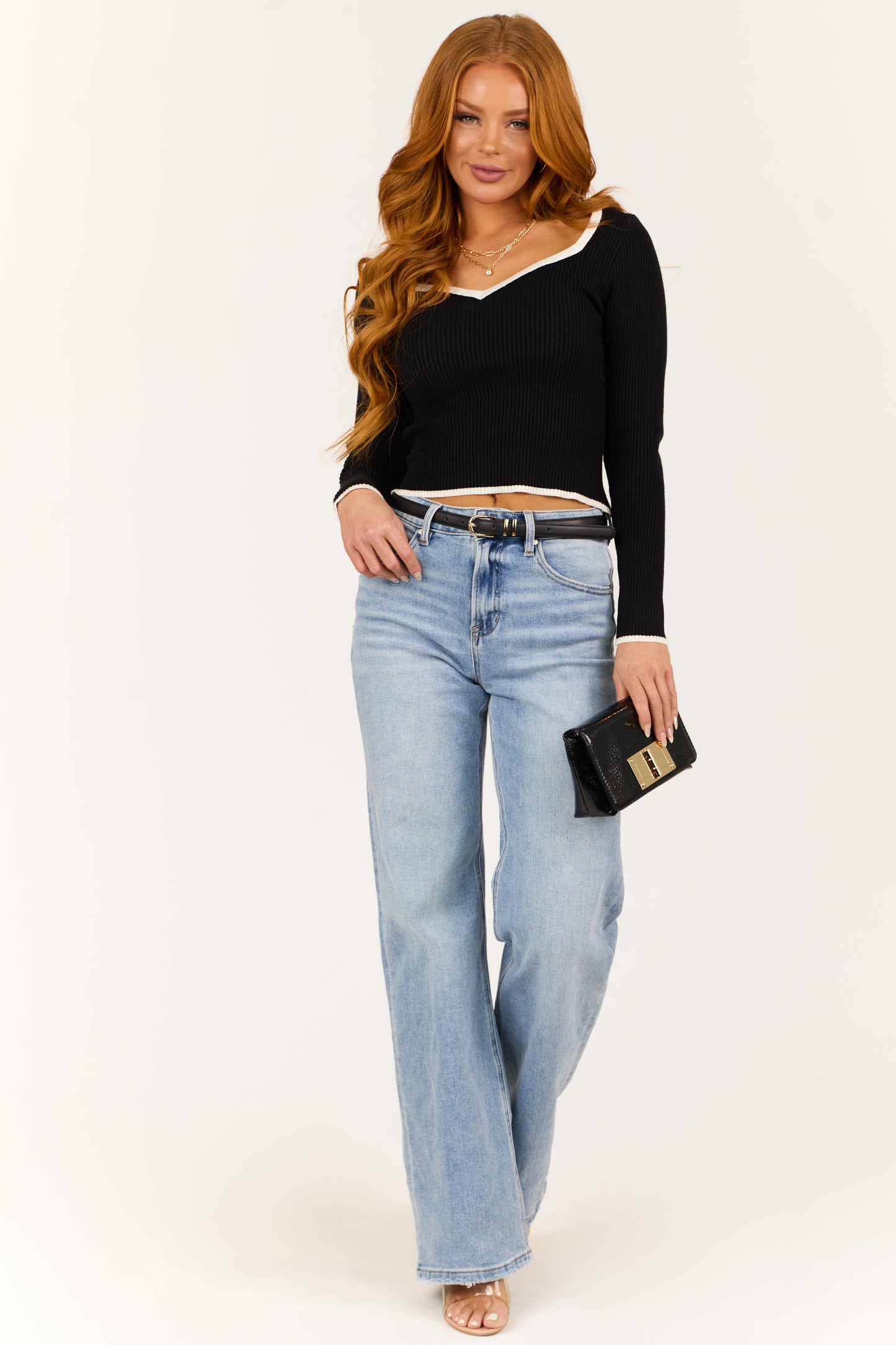 Black Ribbed Sweater with Contrast Trim – Sweetheart Neck Slim Fit Top