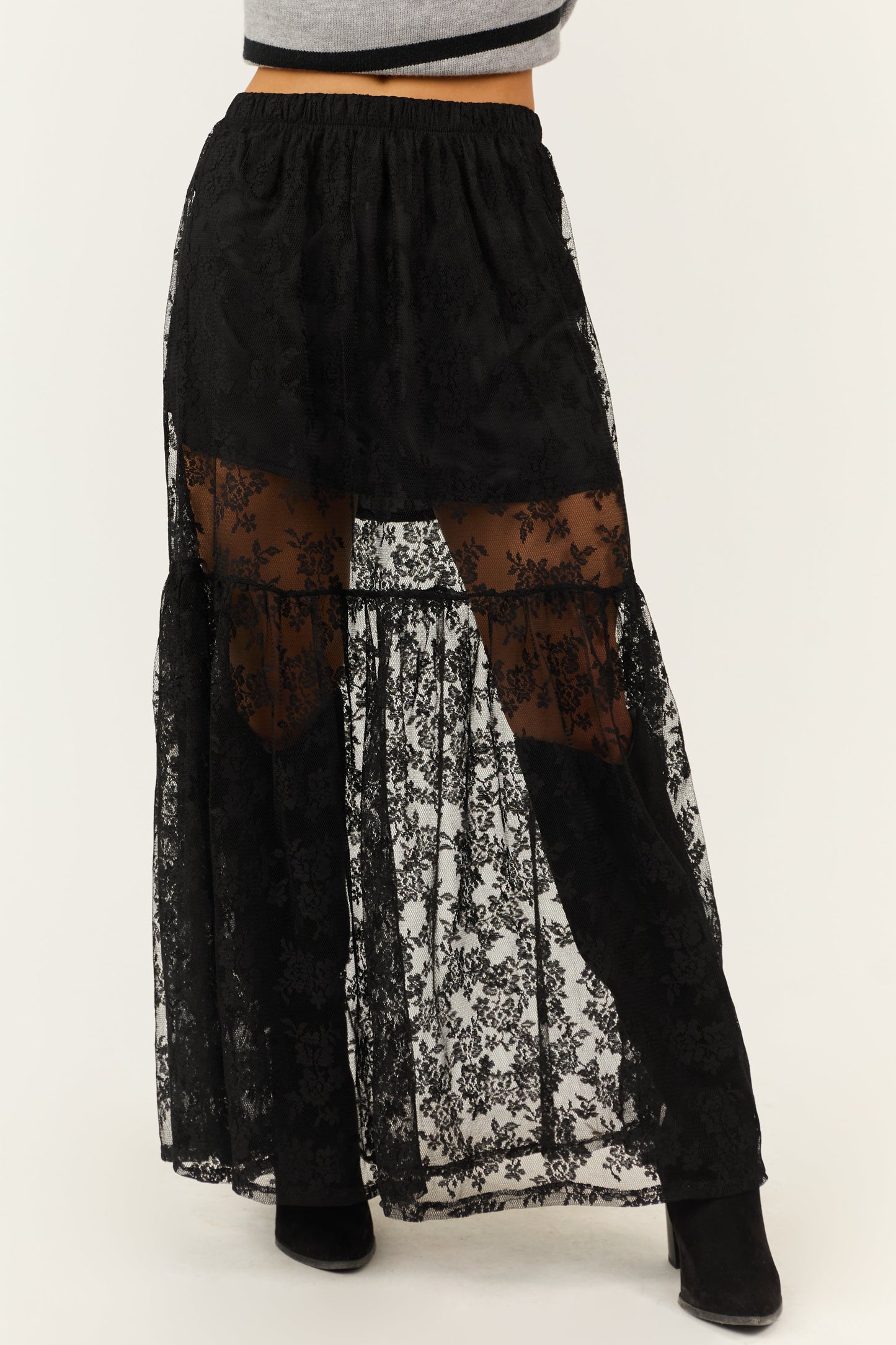Black High Waist Sheer Lace Maxi SkirtBlack Sheer Lace Maxi Skirt – High Waisted A-Line Elegant Overlay Skirt