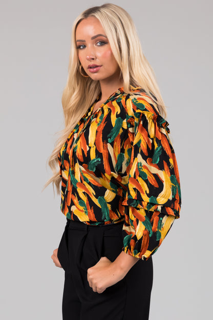 Black Multiprint Ruffle Blouse – V Neck 3/4 Sleeve Boho Loose Fit Top