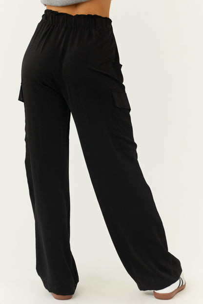 Black Paperbag Waist Cargo Pants – High Waisted Wide Leg Relaxed Fit Trousers