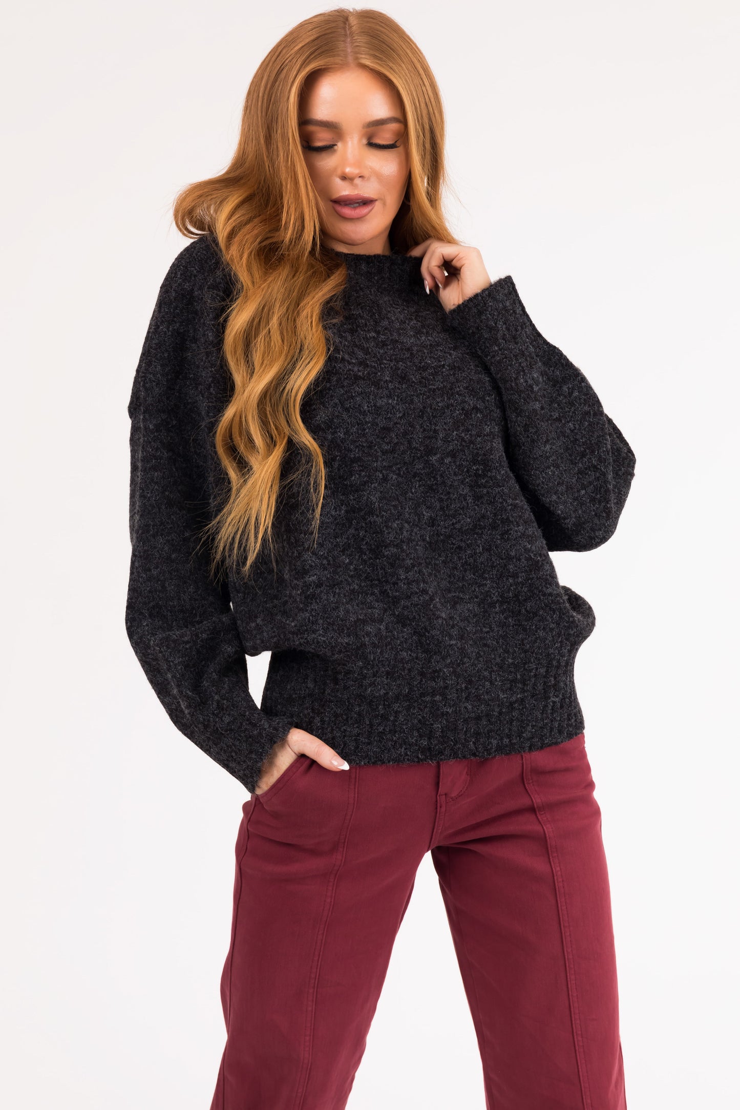 Black High Neck Ribbed Knit Sweater – Relaxed Drop Shoulder Cozy Pullover