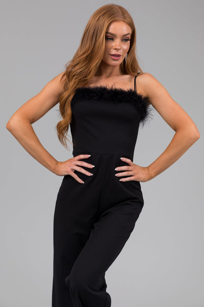 Black Feather Trim Jumpsuit – Sleeveless Wide Leg Stretch Party Outfit