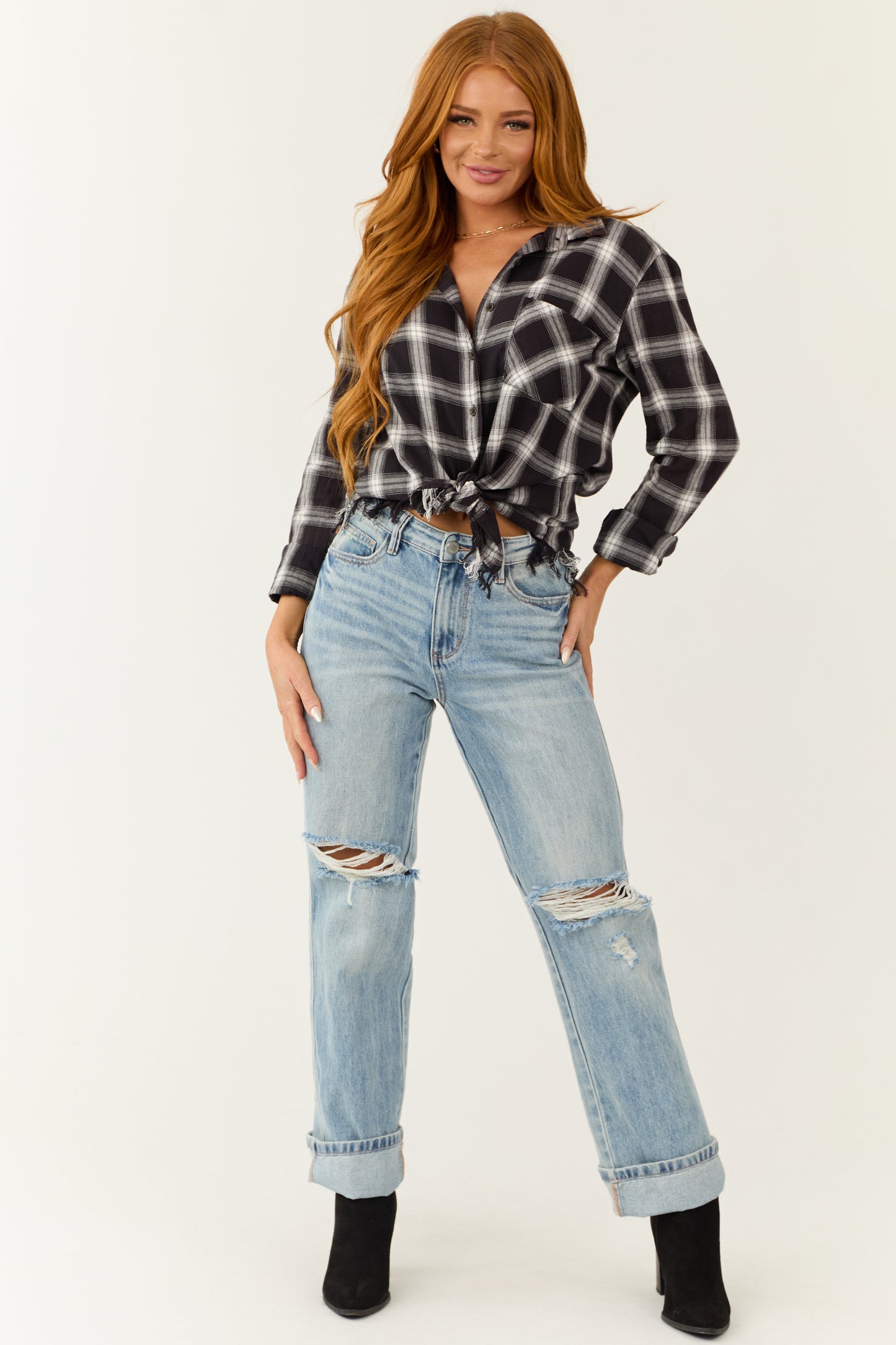 Black Plaid Long Sleeve Shirt – Frayed Hem Button Down Casual Oversized Shirt