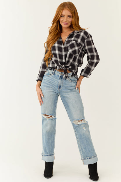 Black Plaid Long Sleeve Shirt – Frayed Hem Button Down Casual Oversized Shirt