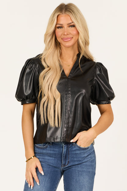 Black Faux Leather Puff Sleeve Top – Split Neck Structured Statement Blouse