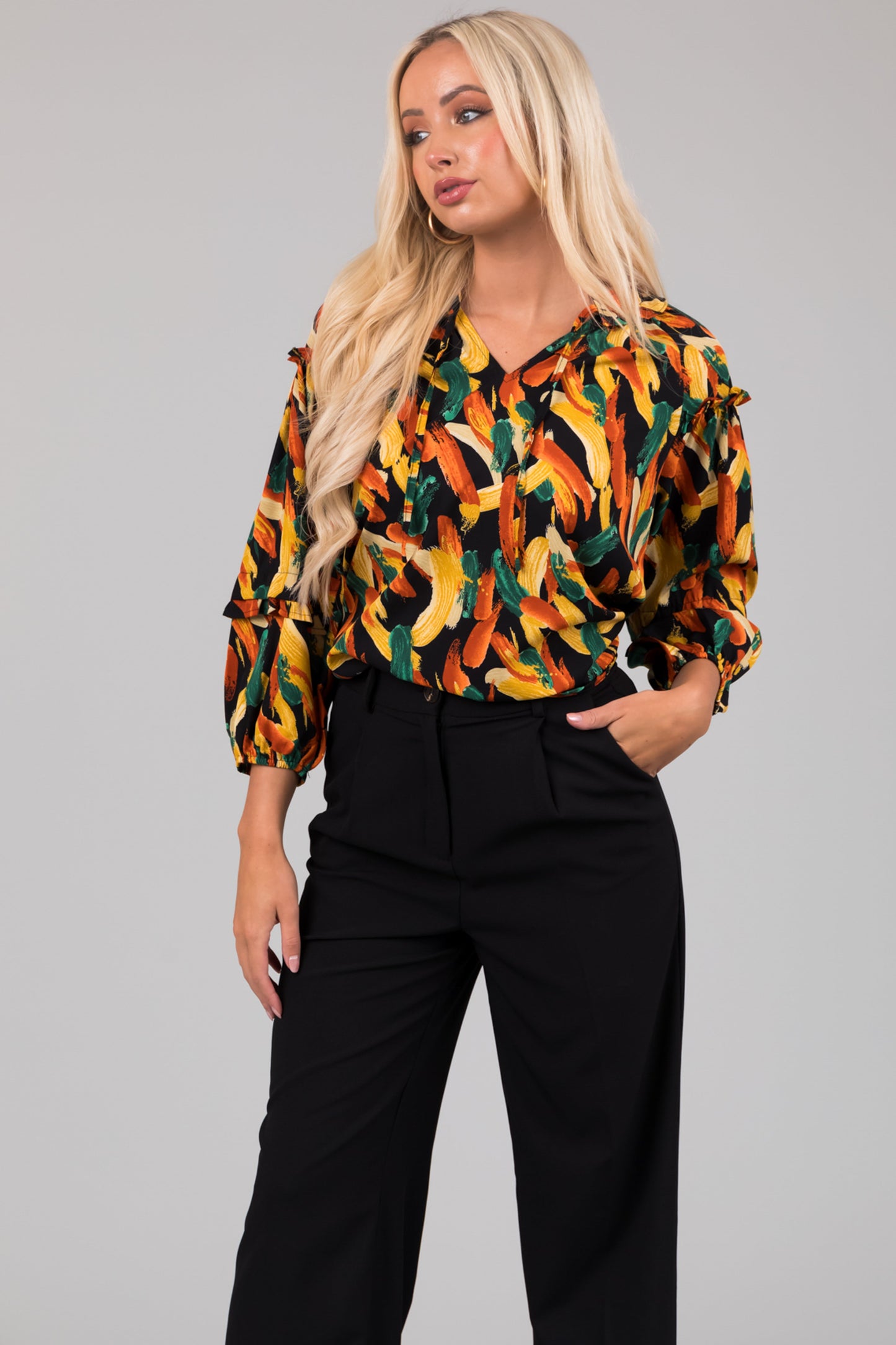 Black Multiprint Ruffle Blouse – V Neck 3/4 Sleeve Boho Loose Fit Top