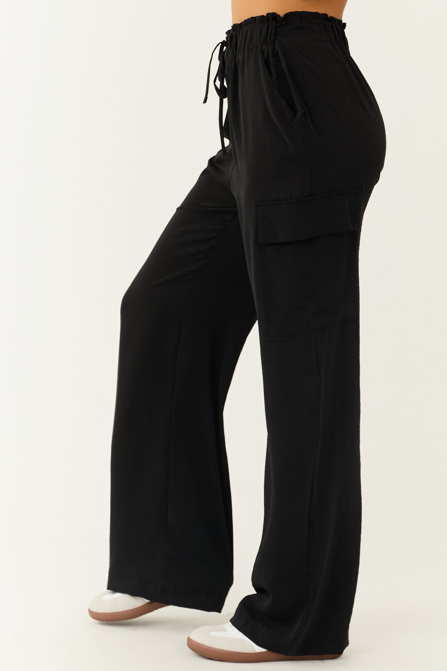 Black Paperbag Waist Cargo Pants – High Waisted Wide Leg Relaxed Fit Trousers