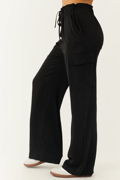 Black Paperbag Waist Cargo Pants – High Waisted Wide Leg Relaxed Fit Trousers