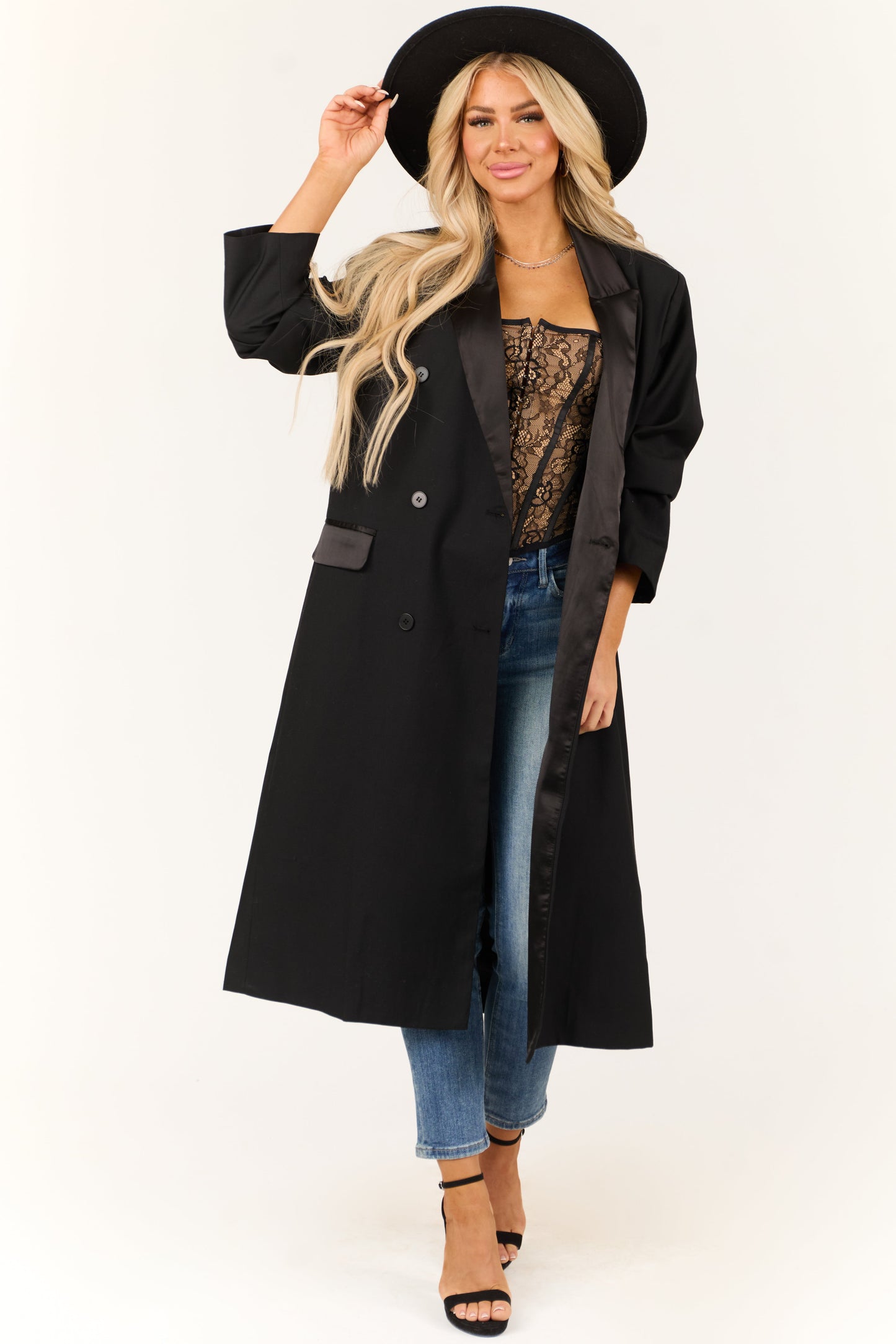 Black Satin Contrast Trench Coat – Double Breasted Structured Fit