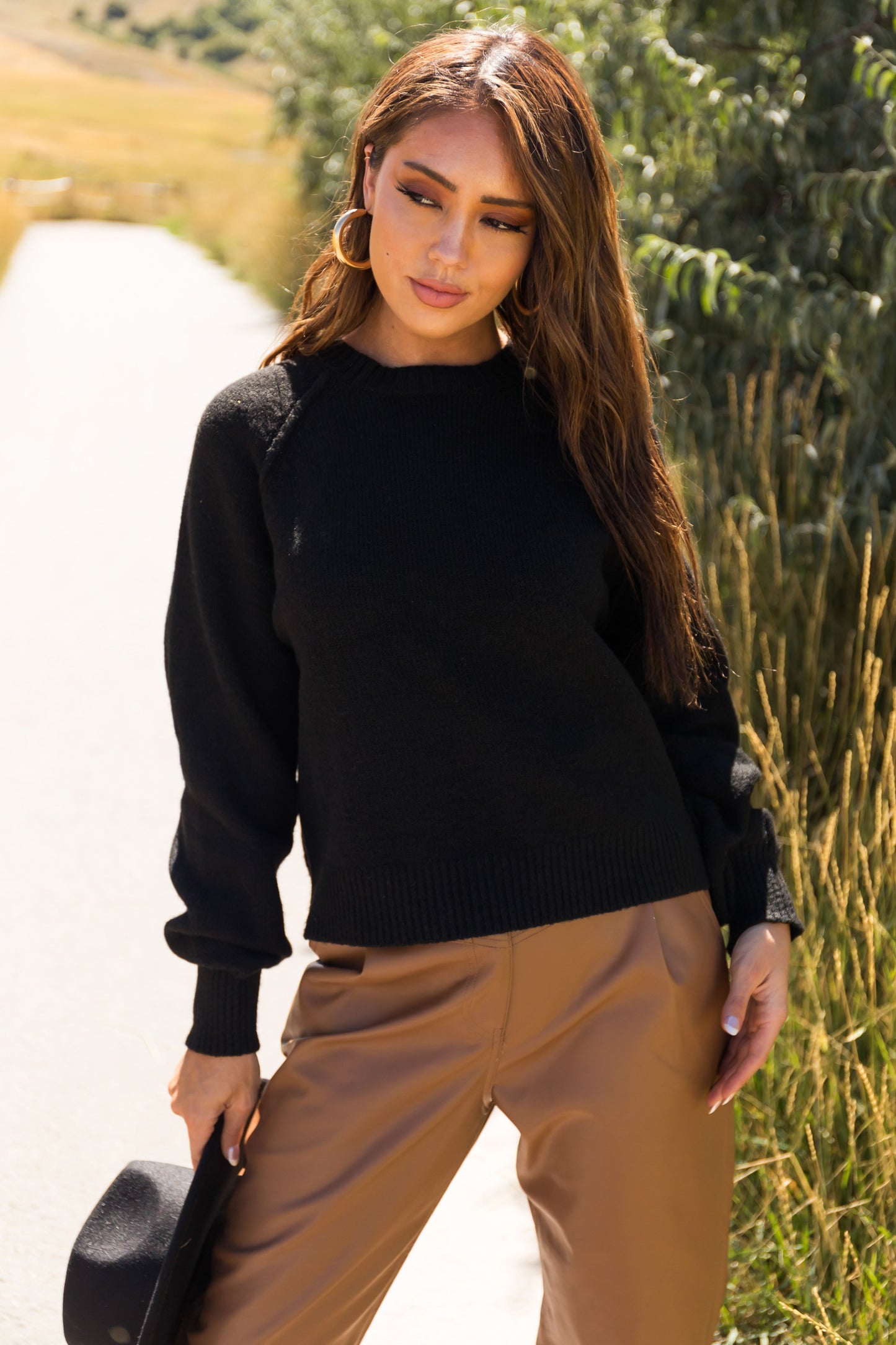 Black Cropped Ribbed Knit Sweater – Relaxed Fit Drop Shoulder Casual Streetwear Top