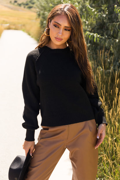 Black Cropped Ribbed Knit Sweater – Relaxed Fit Drop Shoulder Casual Streetwear Top
