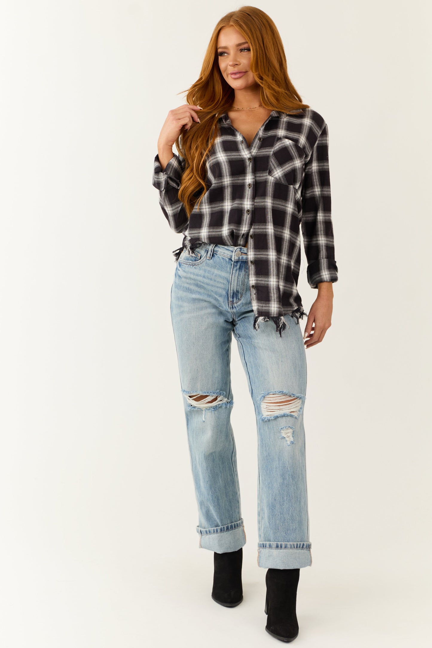 Black Plaid Long Sleeve Shirt – Frayed Hem Button Down Casual Oversized Shirt