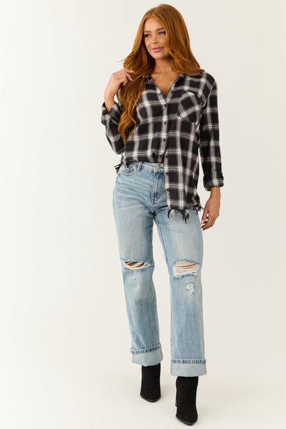 Black Plaid Long Sleeve Shirt – Frayed Hem Button Down Casual Oversized Shirt