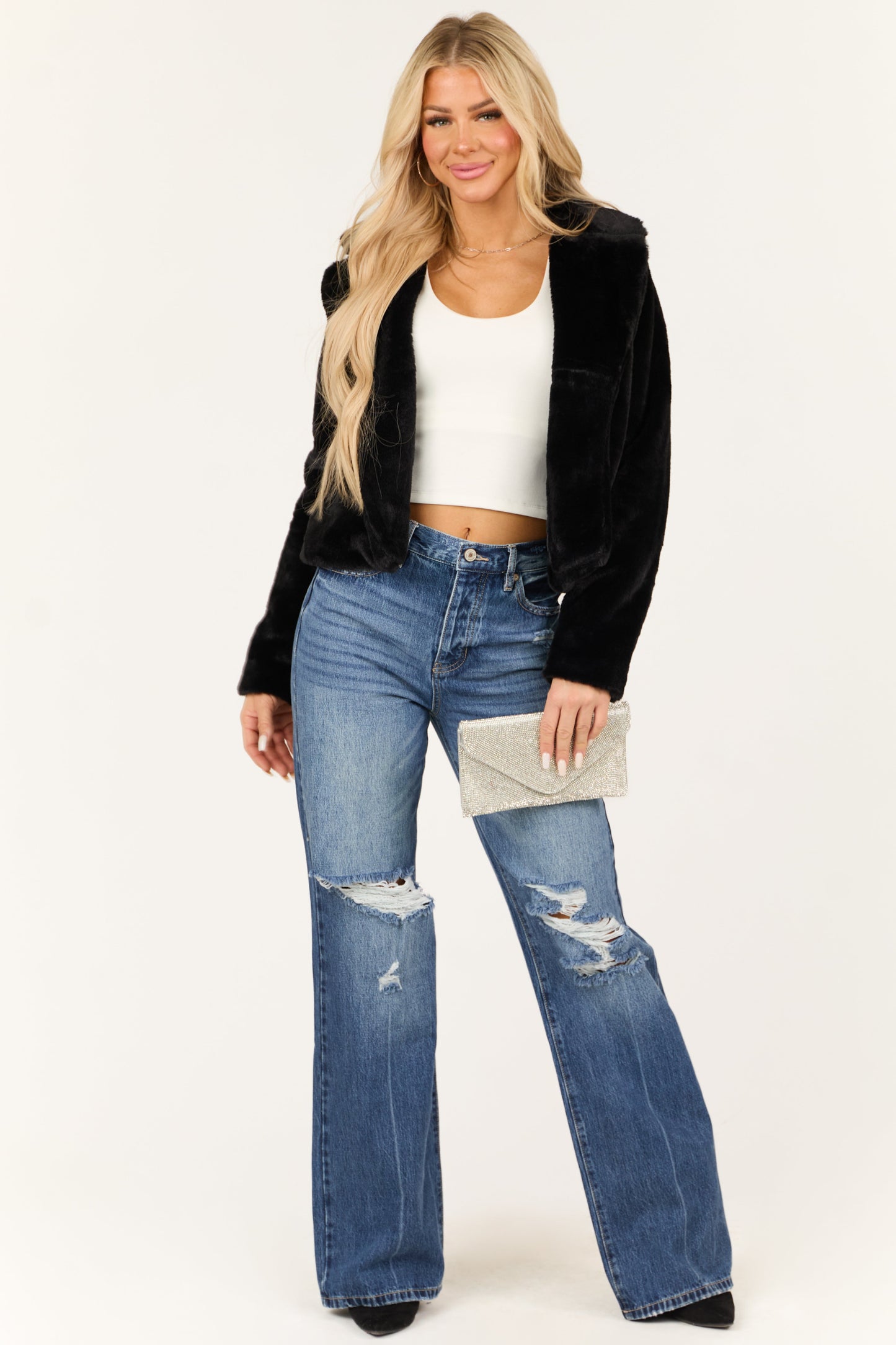 Black Faux Fur Jacket – Open Front Lapel Collar Cozy Outerwear