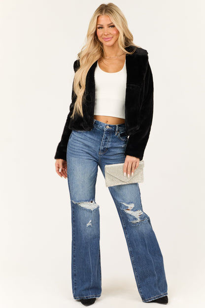 Black Faux Fur Jacket – Open Front Lapel Collar Cozy Outerwear