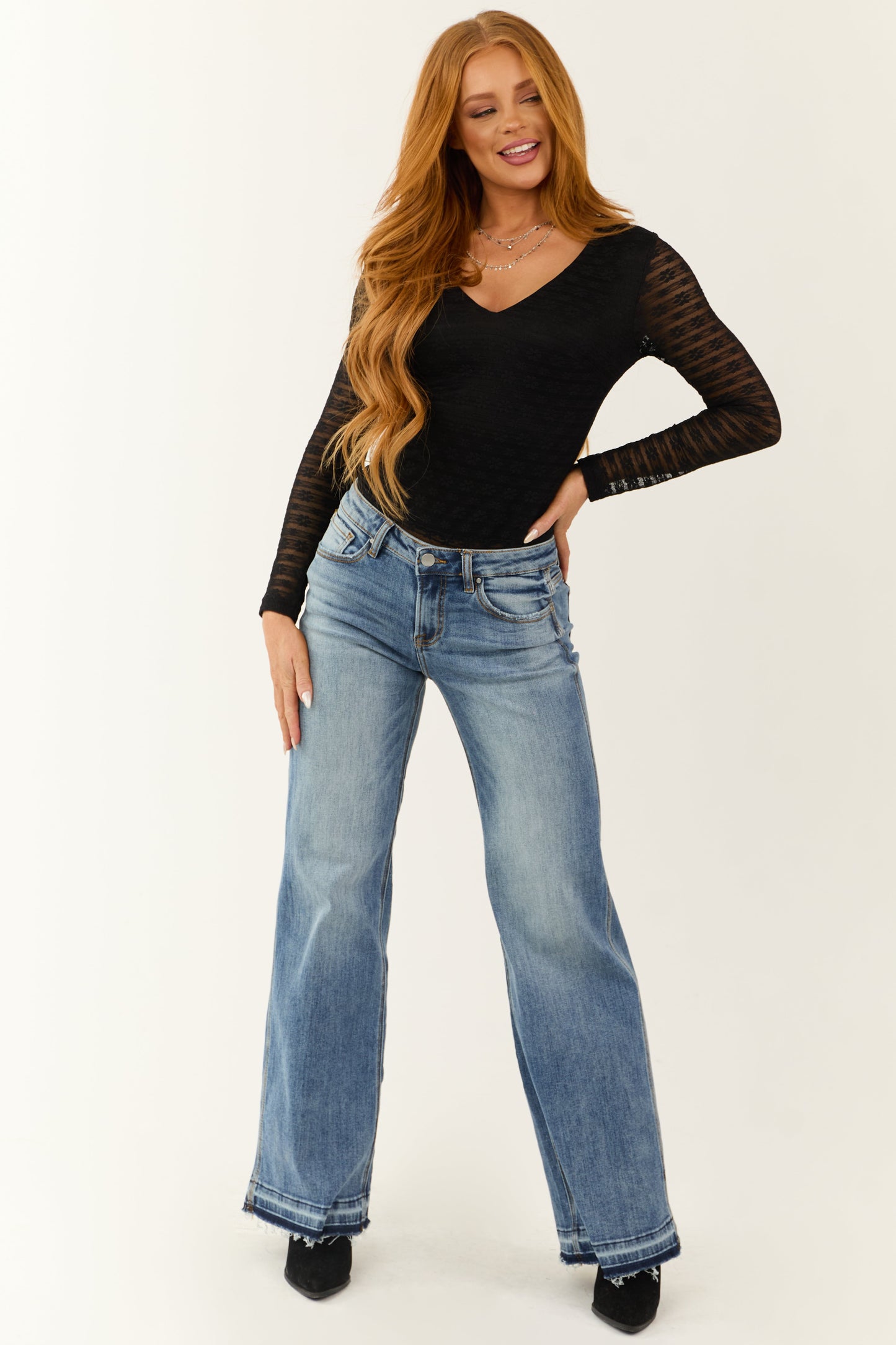Black Lace Long Sleeve Bodysuit – Deep V Neck Fitted Sheer Sleeve Top