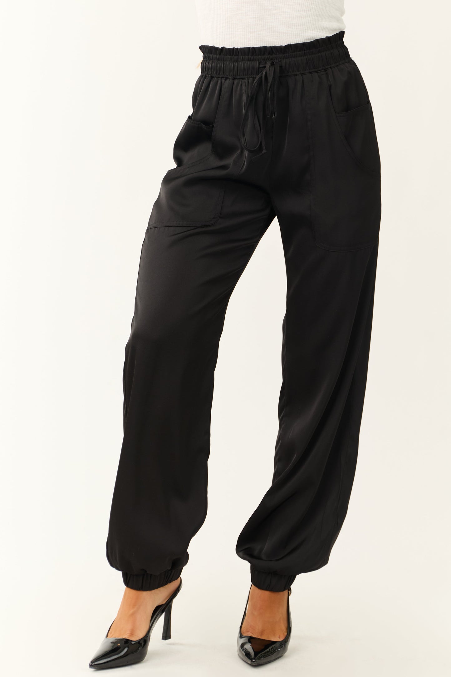 Black Satin Elastic Waist Joggers – High Waisted Paperbag Casual Pants