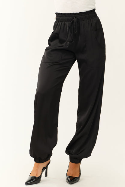 Black Satin Elastic Waist Joggers – High Waisted Paperbag Casual Pants