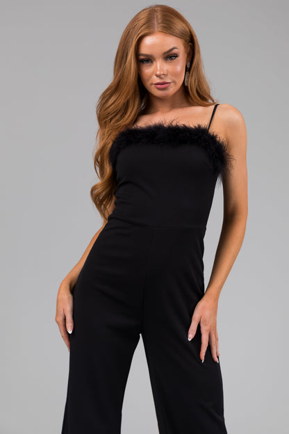 Black Feather Trim Jumpsuit – Sleeveless Wide Leg Stretch Party Outfit
