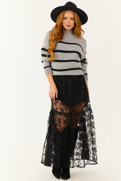 Black High Waist Sheer Lace Maxi SkirtBlack Sheer Lace Maxi Skirt – High Waisted A-Line Elegant Overlay Skirt