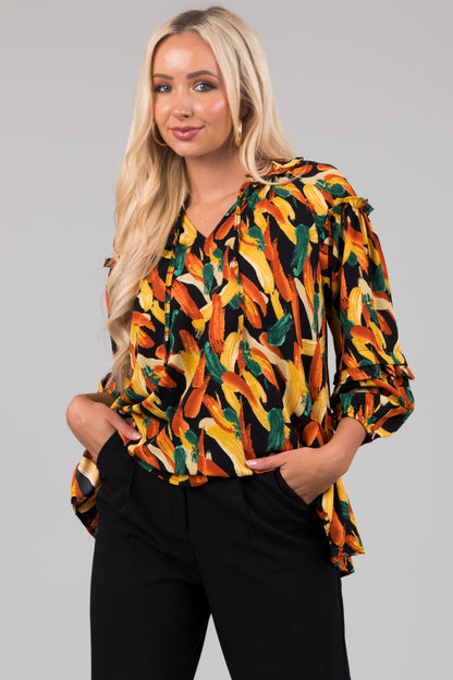 Black Multiprint Ruffle Blouse – V Neck 3/4 Sleeve Boho Loose Fit Top