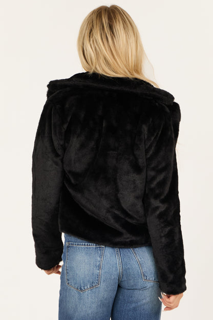 Black Faux Fur Jacket – Open Front Lapel Collar Cozy Outerwear
