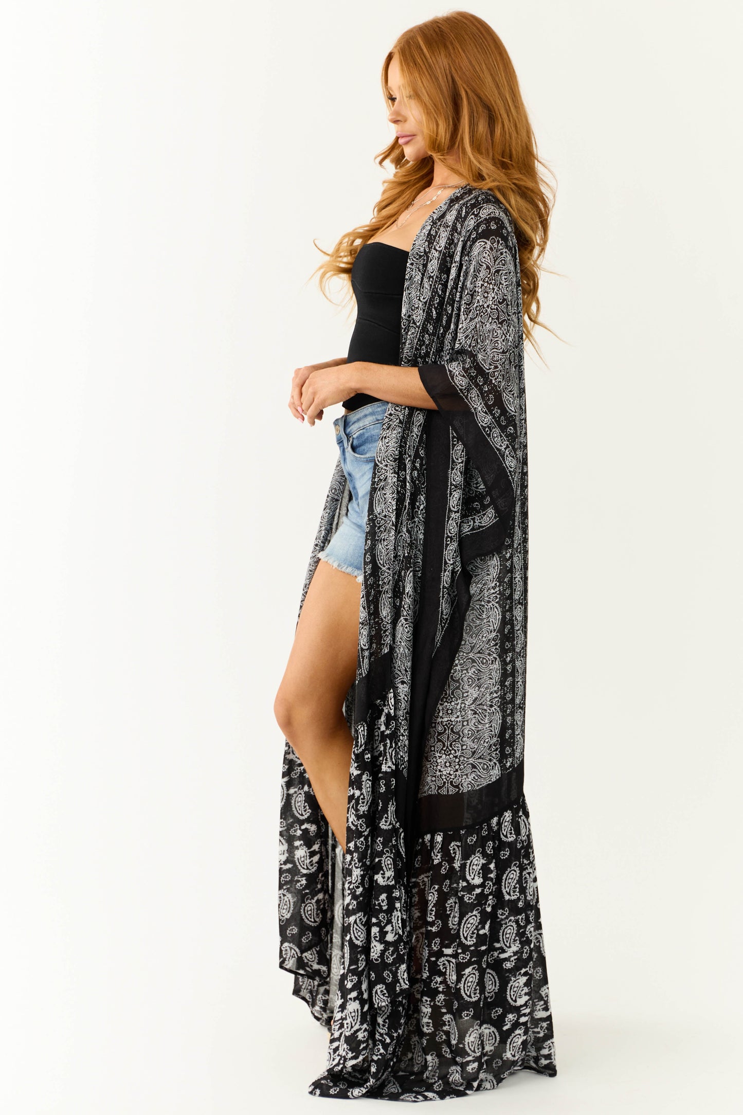 Black Paisley Print Ruffle Kimono – 3/4 Sleeve Lightweight Boho Long Cover-Up