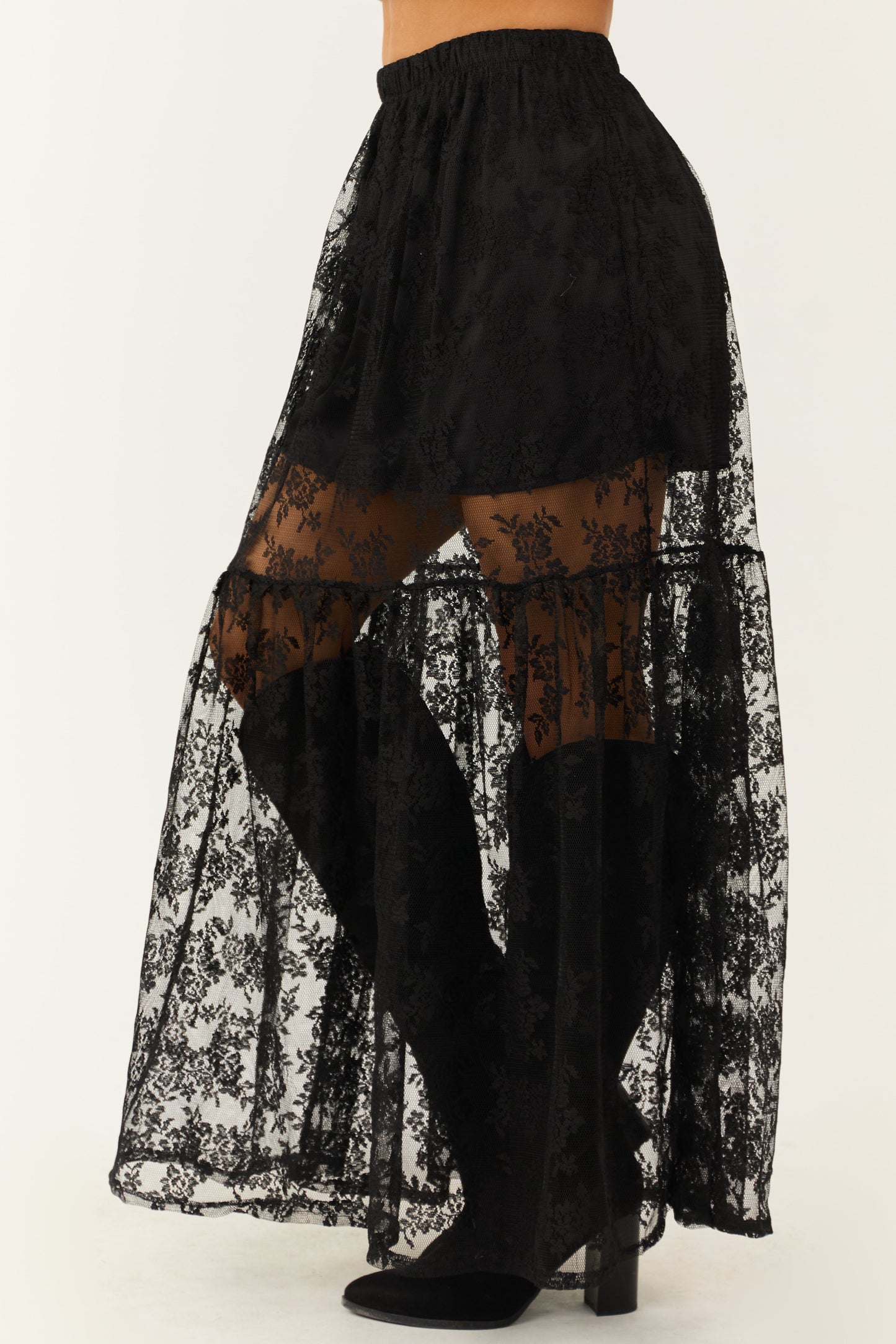 Black High Waist Sheer Lace Maxi SkirtBlack Sheer Lace Maxi Skirt – High Waisted A-Line Elegant Overlay Skirt