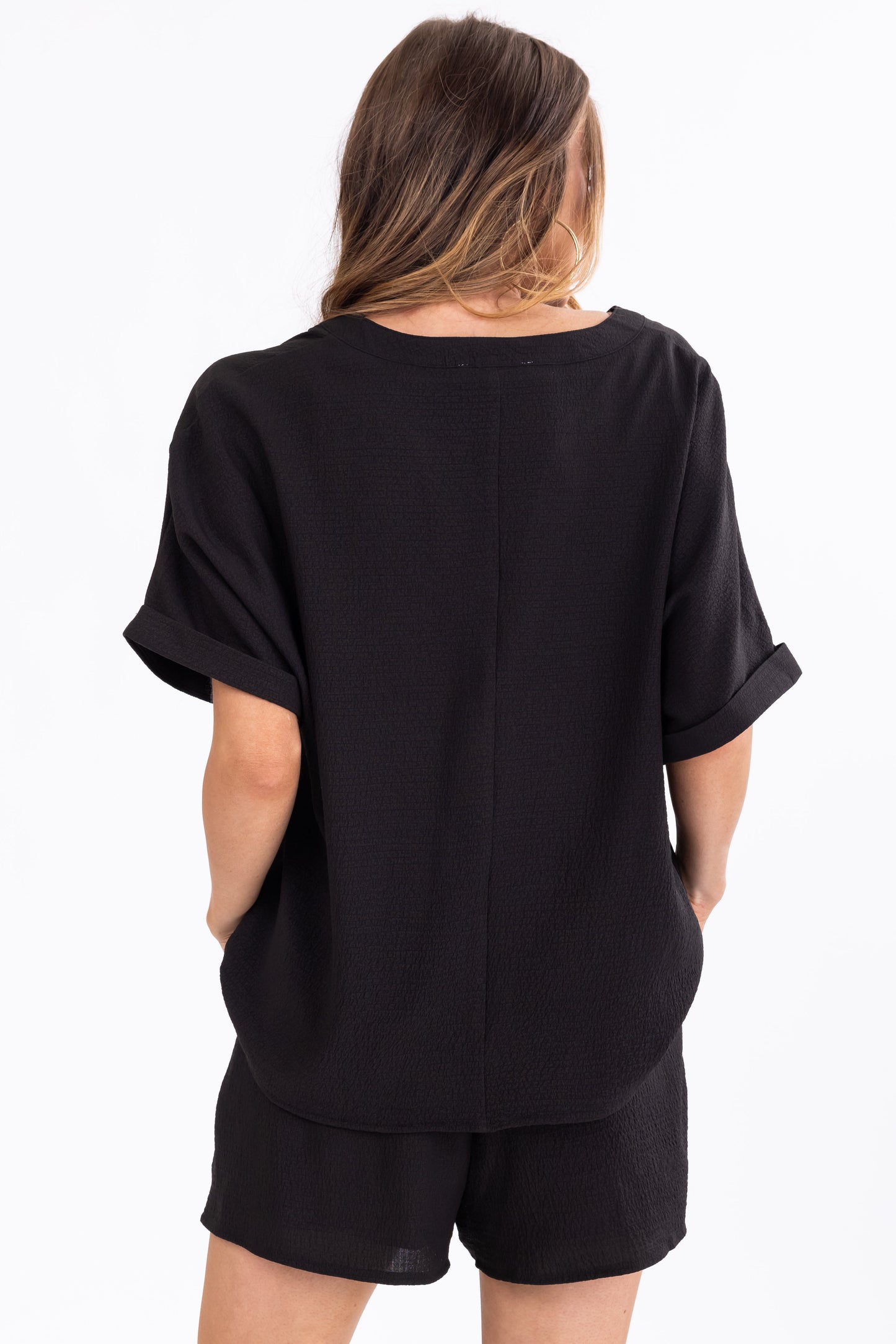 Black Woven Top and Shorts Set – V Neck Relaxed Fit Matching Set