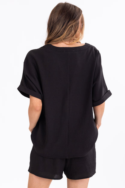 Black Woven Top and Shorts Set – V Neck Relaxed Fit Matching Set