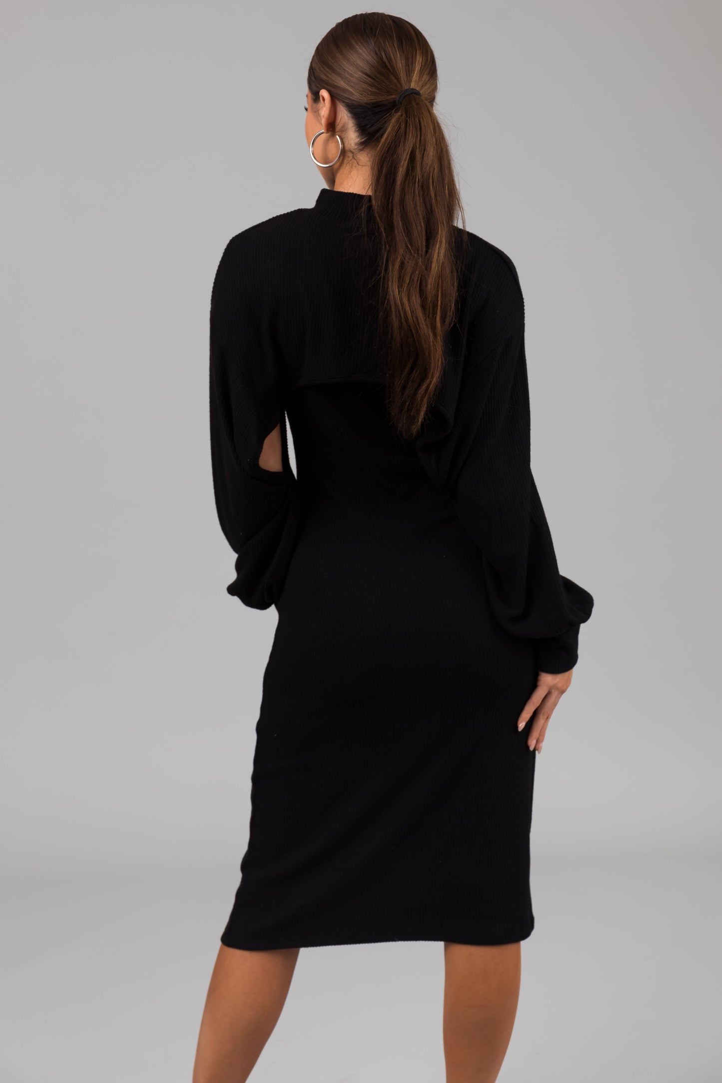 Black Knit Midi Dress with Bolero – Fitted Stretch Two Piece Set