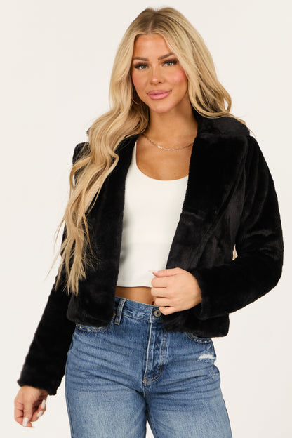 Black Faux Fur Jacket – Open Front Lapel Collar Cozy Outerwear