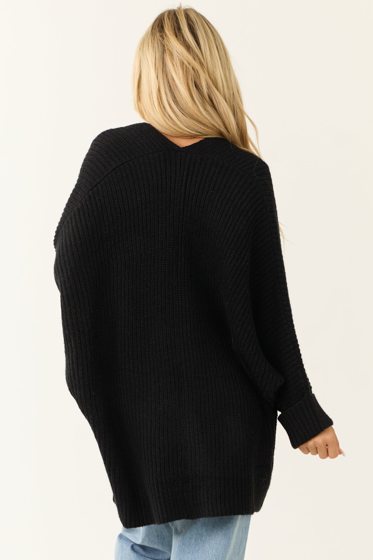 Black Oversized Knit Cardigan – Relaxed Fit Open Front Cozy Sweater with Pockets