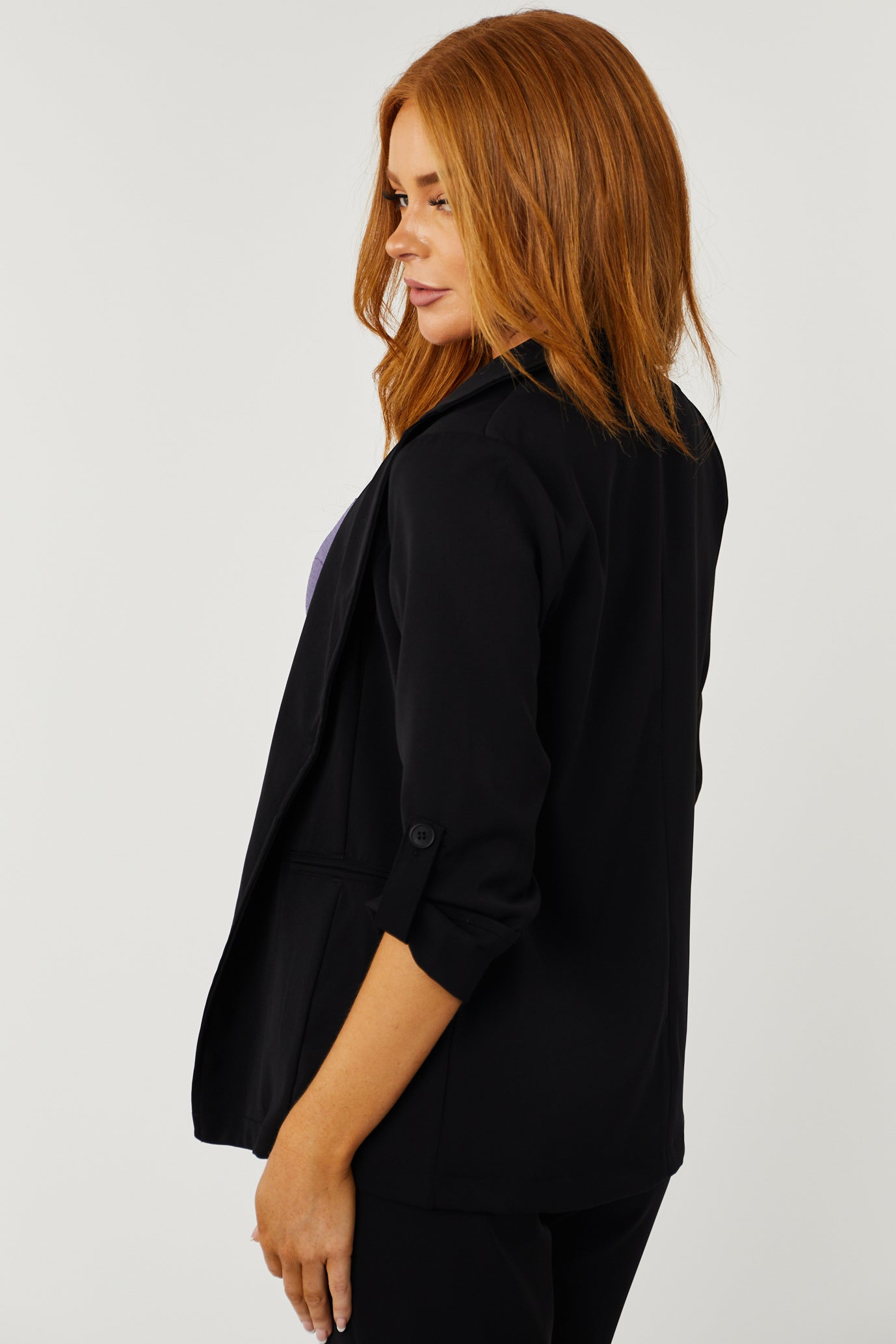Black Open Front Blazer – Longline Rolled Sleeve Tailored Lightweight Jacket