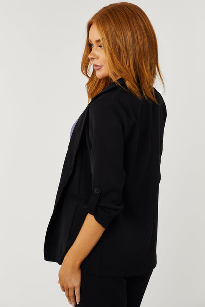 Black Open Front Blazer – Longline Rolled Sleeve Tailored Lightweight Jacket