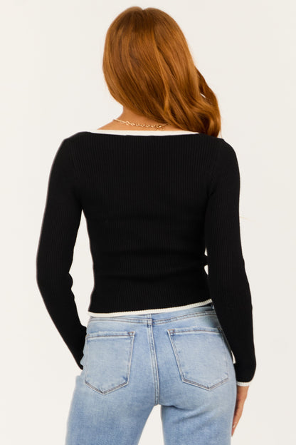 Black Ribbed Sweater with Contrast Trim – Sweetheart Neck Slim Fit Top