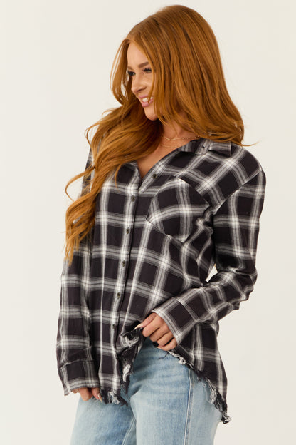 Black Plaid Long Sleeve Shirt – Frayed Hem Button Down Casual Oversized Shirt