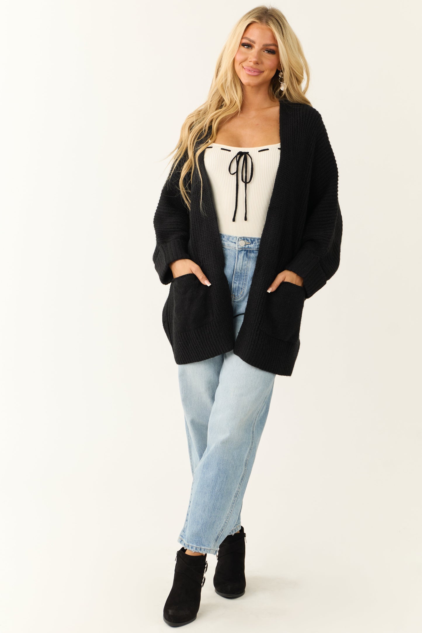 Black Oversized Knit Cardigan – Relaxed Fit Open Front Cozy Sweater with Pockets