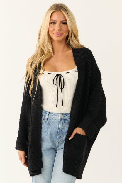 Black Oversized Knit Cardigan – Relaxed Fit Open Front Cozy Sweater with Pockets