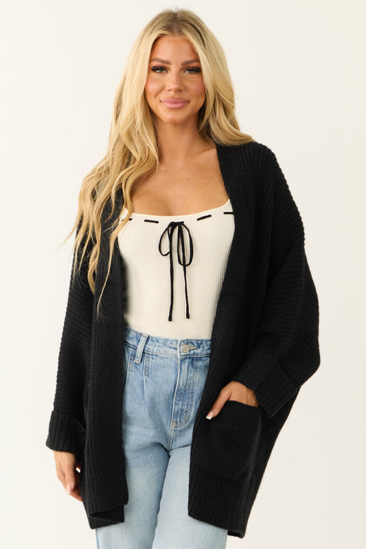 Black Oversized Knit Cardigan – Relaxed Fit Open Front Cozy Sweater with Pockets