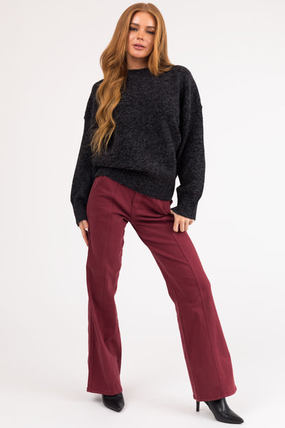 Black High Neck Ribbed Knit Sweater – Relaxed Drop Shoulder Cozy Pullover