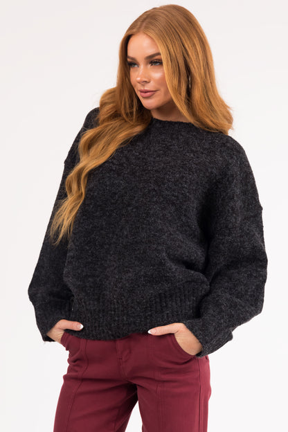 Black High Neck Ribbed Knit Sweater – Relaxed Drop Shoulder Cozy Pullover