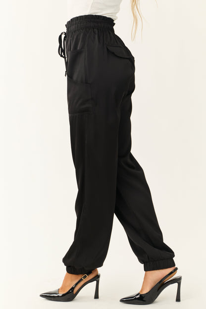 Black Satin Elastic Waist Joggers – High Waisted Paperbag Casual Pants
