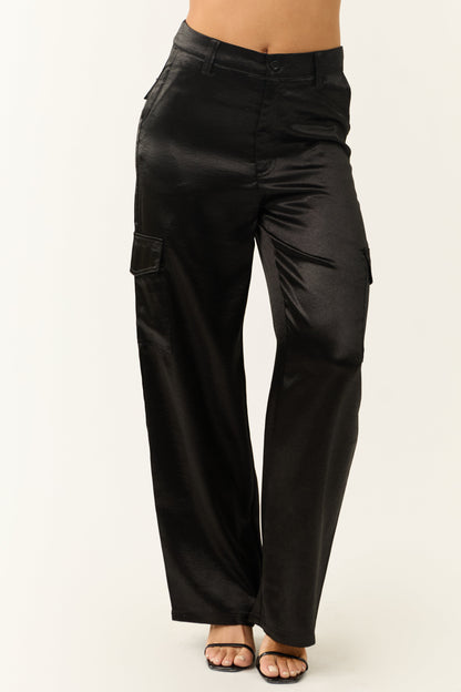 Black Satin Cargo Pants – High Waisted Wide Leg Utility Style Trousers