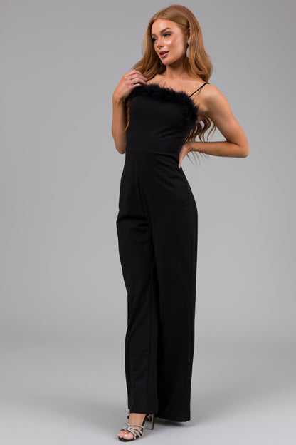 Black Feather Trim Jumpsuit – Sleeveless Wide Leg Stretch Party Outfit
